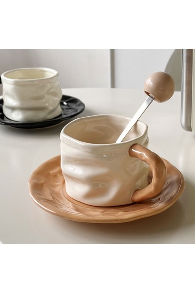 Generic Ceramic coffee cup and saucer with round beaded spoon (milk tea color)
