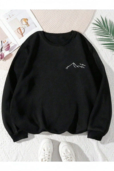 one button Hanorac unisex cu imprimeu Mountain, cu gât rotund, 100% bumbac