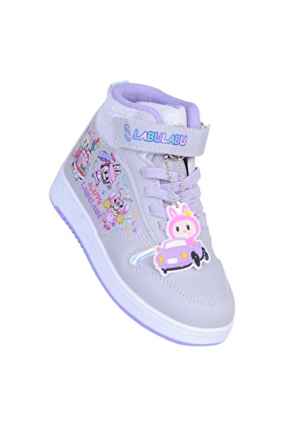Prokids 4444 Grey-Lilac Velcro High-Top Girls' Sports Shoes