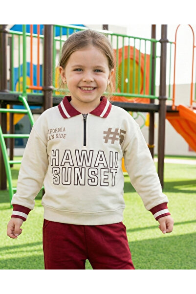 Asliva fashion Asliva Unisex Children's Burgundy Hawaii Sunset Printed Polo Neck Half Zippered Cotton Tracksuit Set