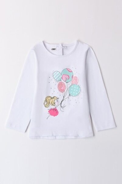 İDO Round-neck Top with Graphic Print, Turquoise / Pastel Pink / Optical White, 98 CM