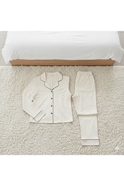 White Velvet Long Sleeve Modal Cotton Piped Button Women Ecru Pajama Set