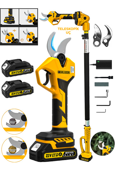 Graizer 52-S Brushless Motor Teleskop Akülü Bağ Dal Ağaç Kesme Biçme Budama Şarjlı Makası Makas