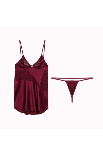 JENİKA Plus Size Lace Burgundy Suspender Satin Nightgown
