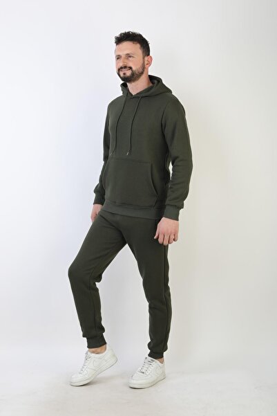 NEW YEAR FİT Plain Hooded Three Thread Sh Fleece-Lined Men's Tracksuit Set