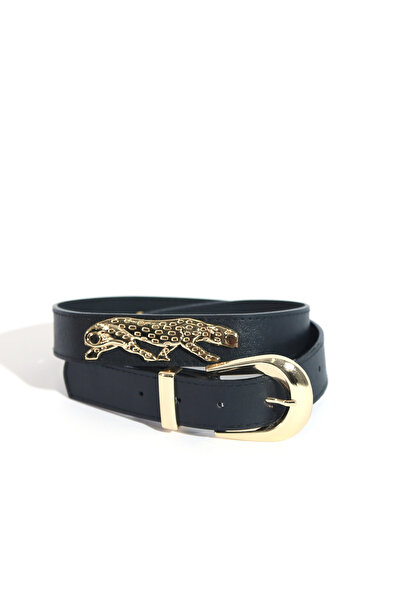 Sun Pieces Santo Black Vegan Leather Women's Belt, Gold Color Accessory Belt, Faux Leather Tiger Accessory Belt