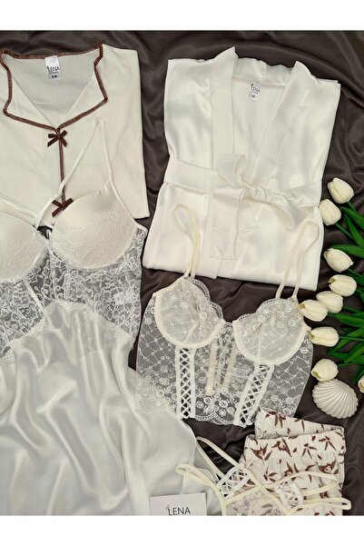 Lena Homewears Σετ πολυτελείας νυφικής προίκας Serente Ecru 6 τεμαχίων, γιγαντιαία πιτζάμα, νυχτικό, εσώρουχα