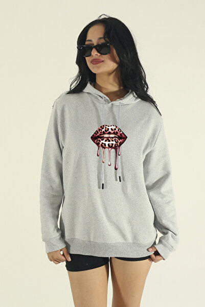 EydaMoon Γυναικείο χειμερινό βαμβακερό φούτερ Leopard Lip με τύπωμα Regular μ...