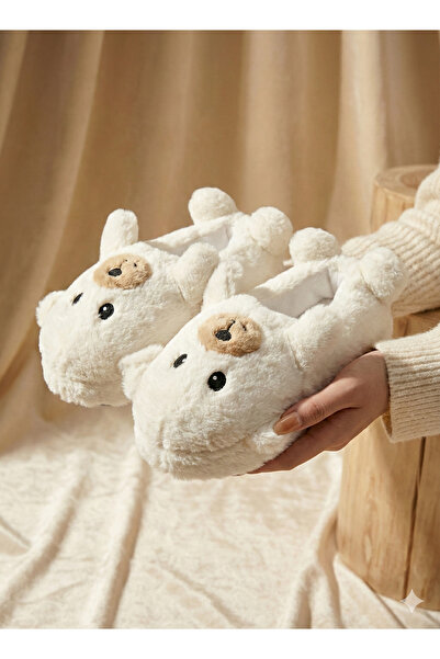 ZERA TREND Zera Ayıcık Figürlü Rahat, Konforlu, Ekru Peluş Ev Botu Panduf