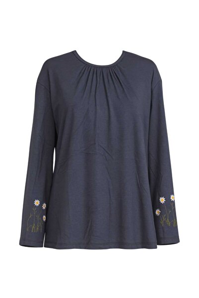 Nacar Moda Women's Stretch Fabric Middle-Aged and Above Four Seasons Smoked Mother Combed Cotton Blouse New Season Sleeve Embroidered