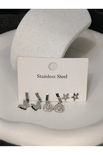 REMALY Kelebekli Gümüş Renk Çoklu Çelik Küpe