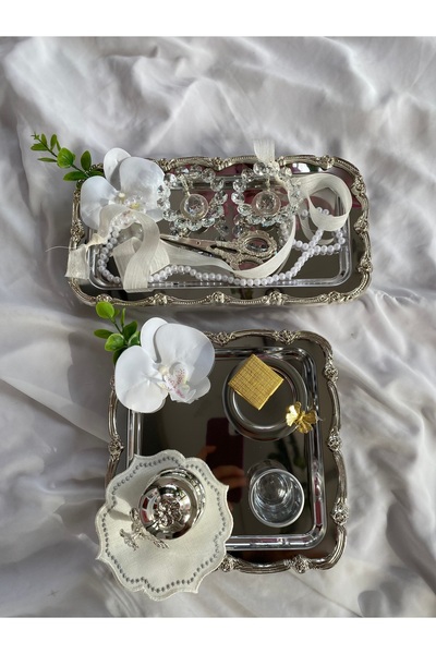 Z&B FLOWERS Nişan Tepsisi Ayaklı Söz Tepsisi Gümüş Renginde Tepsi Damat Kahve...