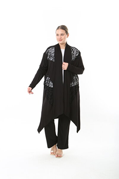 XL Modam Women's Lycra Viscose Black Patterned Plus Size Cardigan