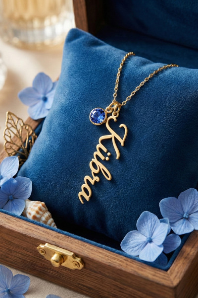 neshely jewelry 925 Ayar Gümüş Gold Rengi 14 Ayar Altın Kaplama Kişiye Özel İsimli ve Doğum Taşlı Gümüş Kolye