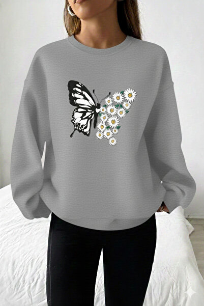 one button Hanorac unisex din bumbac Daisy Butterfly cu imprimeu cu gâtul rot...