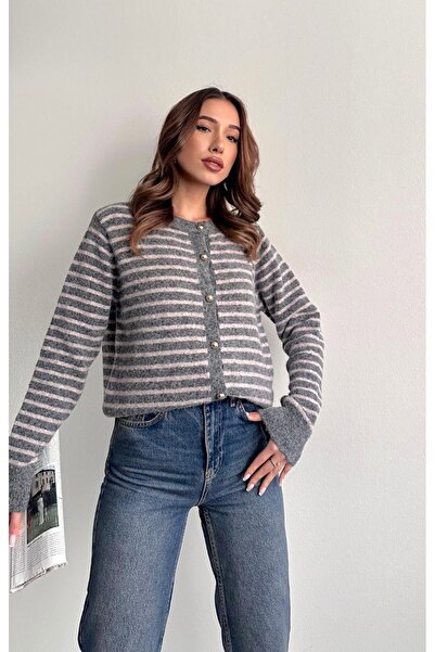 fujya Gold Buttoned Striped Stylish Knitwear Cardigan