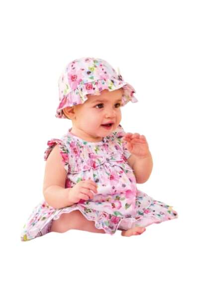 minibanda - Dress, Hat and Panties with Floral Print for Girls, Multicolor, 68 cm
