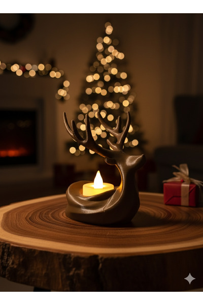 Mescolare Minimalist Geyik Tealight Mumluk | Yılbaşı Kış Temalı Seramik Görünümlü Dekor | Modern Ev Aksesuarı