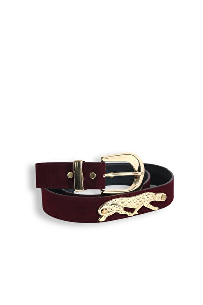 Sun Pieces Santo Burgundy Vegan Leather Women's Belt, Gold Color Accessory Belt, Faux Leather Tiger Accessory Belt