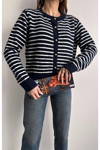 fujya Gold Buttoned Striped Stylish Knitwear Cardigan