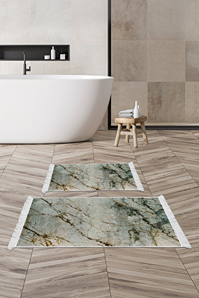 Alanur Home Non-Slip Base Djt Toilet Set Trend Fringed Marble E5031 Colorful