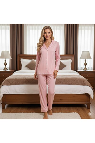 White Velvet Long Sleeve Modal Cotton Piped Button Women Pink Pajamas Set