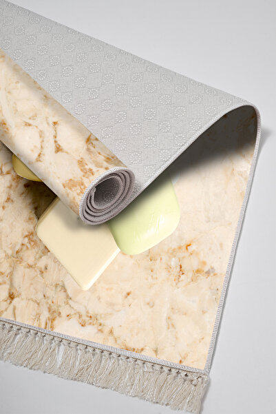 Alanur Home Non-Slip Base Djt Toilet Set Trend Fringed Marble E5033 Cream