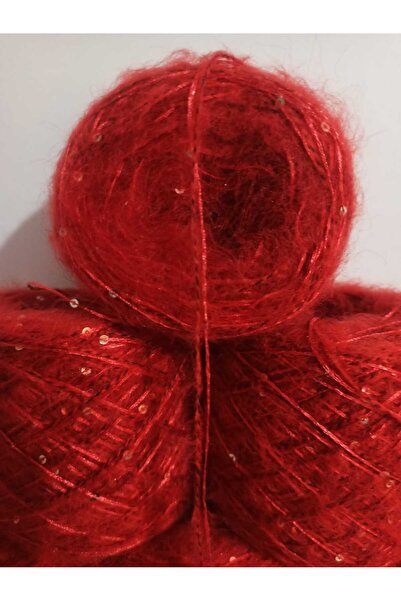İPEK YÜN İPLİK DÜNYASI Elit Moher Örgü İpi (Kırmızı) Floş (Kırmızı) Gold Pul Karışım 100gr