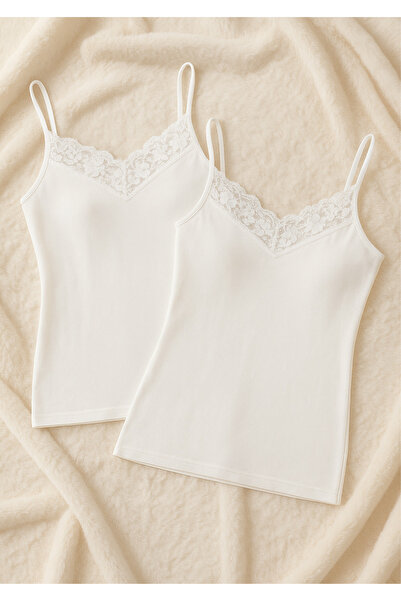 Loule 2-Pack Lace Detailed String Strap Tank Top - Soft Textured Clothing Made from Cotton and Modal Blend