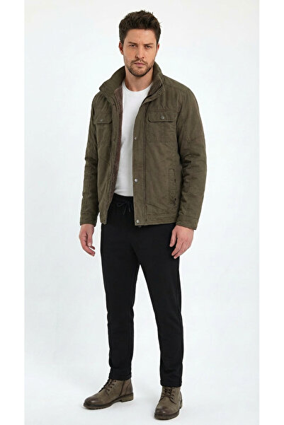 DYNAMO Mock Neck Comfortable Fit Rain Wind Insulated Thick Stylish Linen Gabardine Coat with Fur Inside and Pocket Flap