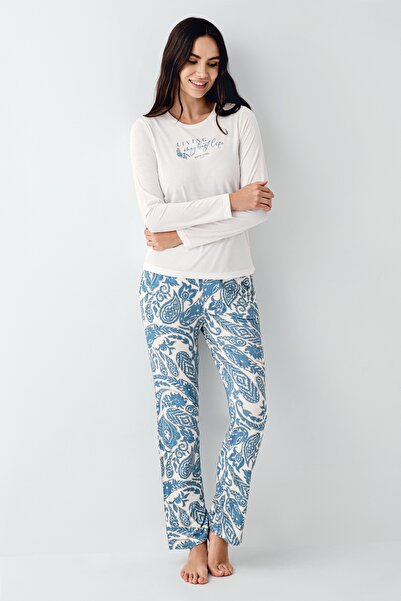 Pierre Cardin Γυναικείο σετ πιτζάμες με μακρυμάνικο μπλουζάκι από βαμβακερό μοντέλο με ανοιχτό πόδι κανονικής εφαρμογής