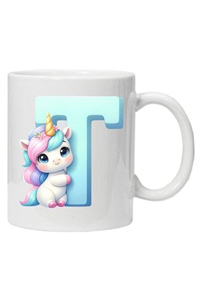 CRD PRINT Personalized mug with initial and unicorn print, letter T, white ceramic, 330 ml