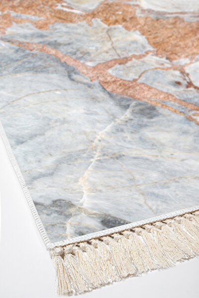 Alanur Home Non-Slip Base Djt Toilet Set Trend Fringed Marble E5034 Blue