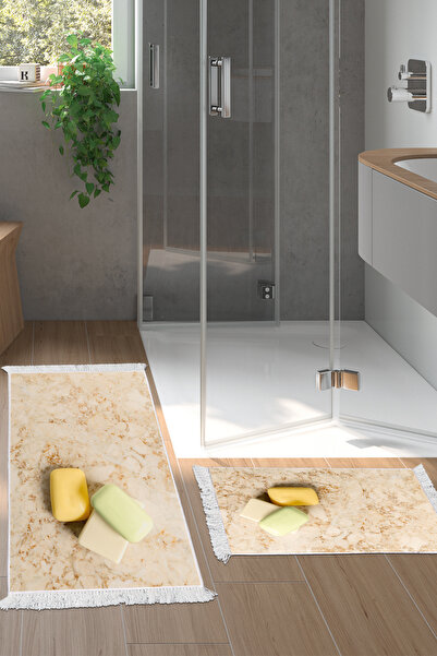 Alanur Home Non-Slip Base Djt Toilet Set Star Leather Fringed Marble E5033 Cream