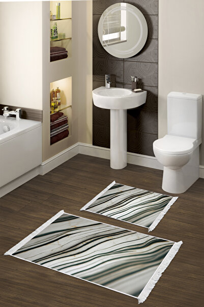 Alanur Home Non-Slip Base Djt Toilet Set Trend Fringed Marble E5032 White