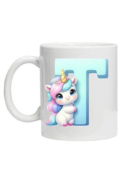 CRD PRINT Personalized mug with initial and unicorn print, letter T, white ceramic, 330 ml
