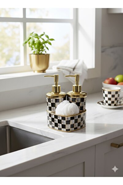 Paçi 2 Hazneli Dama Desenli Lüks Porselen Süngerli Mutfak Sıvı Sabunluk Bulaşık Deterjanlık