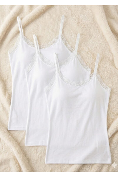 Loule 3-Pack Women's Lace Detailed String Strap Tank Top - 48% Cotton 47% Modal Soft Textured Stretchy Clothing