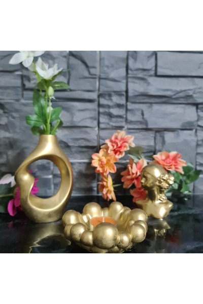 ERGİNCİ HOME GOLD 3'lü Dekoratif Set VAZO ÇİÇEKLİ kız MUMLUK EV DEKOR BİBLO o...