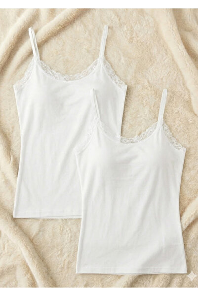 Loule 2-Pack Women's Lace Detailed String Strap Tank Top - 48% Cotton 47% Modal Soft Textured Stretchy Clothing