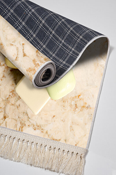 Alanur Home Non-Slip Base Djt Toilet Set Star Cotton Fringed Marble E5033 Cream