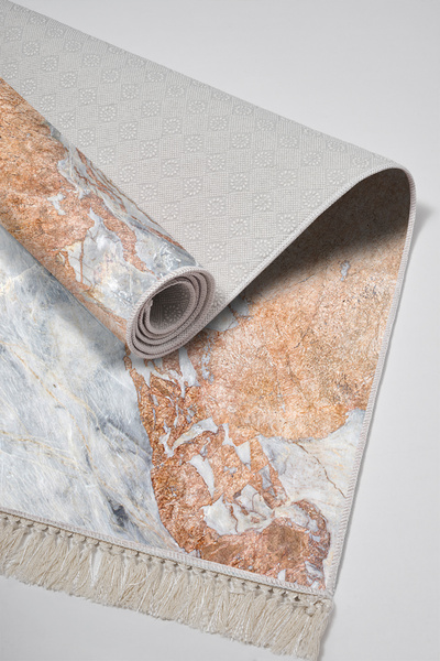 Alanur Home Non-Slip Base Djt Toilet Set Trend Fringed Marble E5034 Blue