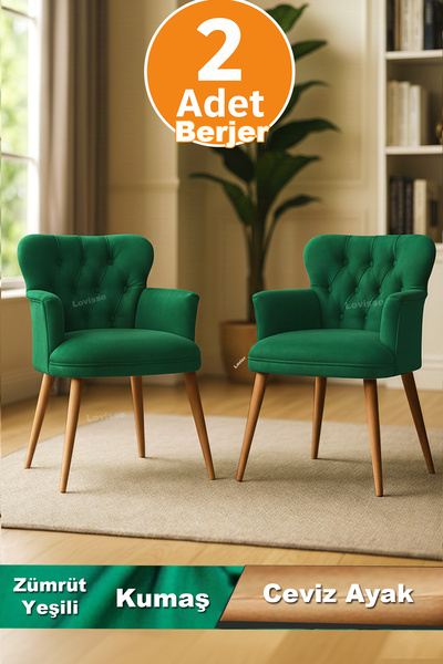 LOVİSSE HOME 2 Ad Zümrüt Yeşili Ceviz Ayak Berjer Tekli Koltuk ev, ofis, güzellik merkezi