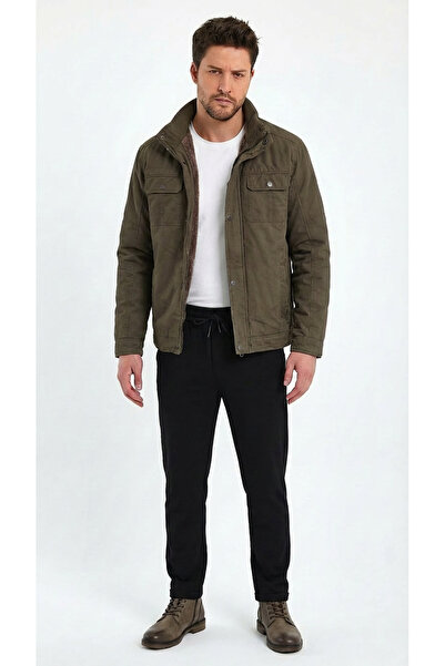 DYNAMO Mock Neck Comfortable Fit Rain Wind Insulated Thick Stylish Linen Gabardine Coat with Fur Inside and Pocket Flap