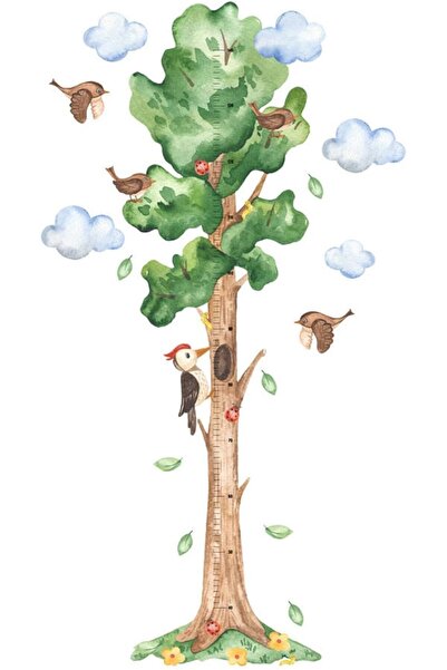 Tazweeq ملصقات حائط لجدول نمو الطول للأطفال - شجرة كرتونية مع طيور وحيوانات