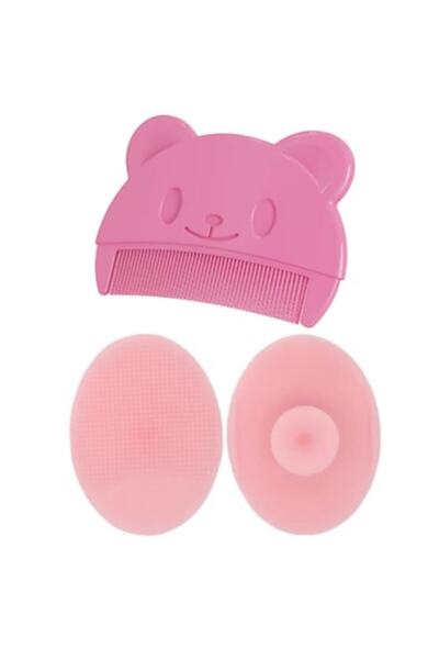 SUPER TRENDS Soft Silicone Baby Bath Brush and Comb Set, Milk Crust Removal, Pink