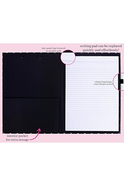 kate spade new york Foldable Writing Clipboard, Black Dot Folio with Notepad, Pen Loop & Pocket