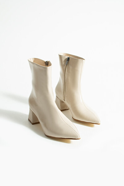 KOTAN Beige Shiny Pointed Toe Thick Heeled Zipper Detailed Women's Boots-Stylish Leather-Look New Season