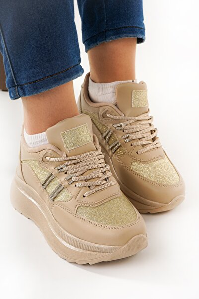 Babetty Women's Orthopedic Daily Lace-Up Stylish Stone Detailed Accessory Comfortable Sneaker Wedge Sole Sports Shoes