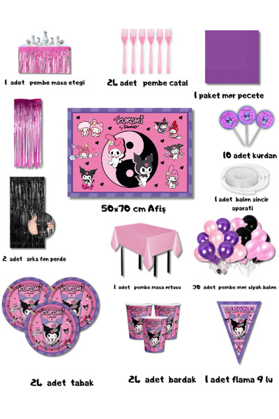 Parti Furyası Kuromi Party Set for 24 People with Banner 50X70 cm Premium | Balloon Chain with Table Skirt and Background from Kurdan